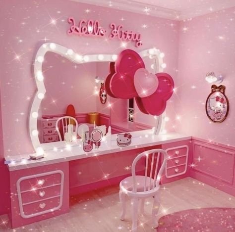 Hello Kitty Pink room Hello Kitty Vanity, Sanrio Bedroom, Barbie Rooms, Hello Kitty Room Decor, Hello Kitty Bedroom, Girly Room Decor, Hello Kitty House, Barbie Room, Hello Kitty Rooms