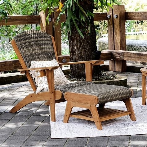 Cambridge Casual Auburn Upholstered Teak Outdoor Adirondack Chair - On Sale - Bed Bath & Beyond - 35170021 Teak Adirondack Chairs, Wood Adirondack Chairs, Chair With Ottoman, Natural Teak Wood, Deck Designs, Chair And Ottoman Set, Patio Lounge Chairs, Ottoman Set, Adirondack Chairs