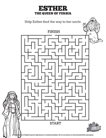 Queen Esther Bible Mazes: See if your kids can lead Queen Esther through this maze to her king. With just enough of a challenge to make it fun, this Bible activity encourages your class to remember the courageous journey Queen Esther took to plead for her people's safety before King Xerxes. Queen Esther Crafts, Queen Esther Bible, Bible Mazes, Esther Bible Study, Esther Bible, Bible Activities For Kids, Bible Story Crafts, Queen Esther, Mazes For Kids