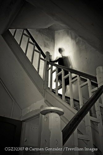 Trevillion Images - ghostly-woman-descending-old-staircase Ghost In Library, Creepy Stairs, Ghostly Woman, Old Staircase, Trevillion Images, 18th Century Women, Film Studies, Concept Board, House Stairs