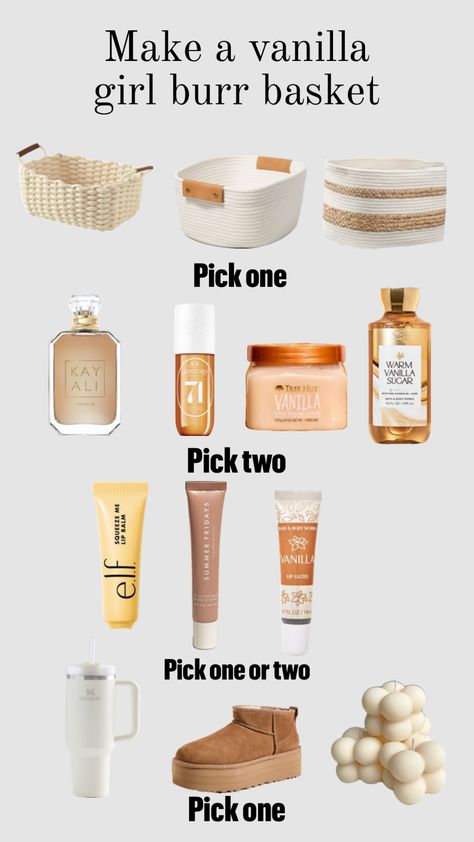 Make a vanilla girl burr basket🤍 Comment what you chose! Follow for follow #burrbasket #vanillagirlburrbasket #vanillagirl #comment #followforfollow #vibes ￼ Follow For Follow, Vanilla Girl, Vanilla Sugar, Body Skin Care Routine, Basket Ideas, Secret Santa Gifts, Pick One, Body Skin, Secret Santa