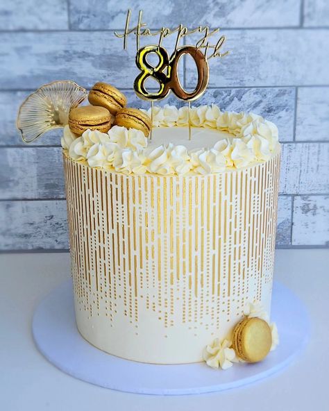 Gold and white will always be stunning together ✨️ Another cake I was given creative freedom to design. It really is such a compliment when you trust me to make something special for you. 😊 Happy 80th birthday. #cakedecorating #cake #80thbirthday #ShastaDaisyBakes #goldandwhite 80 Cake Birthdays, 80th Birthday Cake For Men, Happy 80th Birthday Cake, 70th Birthday Cake For Women, 75th Birthday Cake, 80th Birthday Cake, 80 Birthday, 80s Mom, 70th Birthday Cake