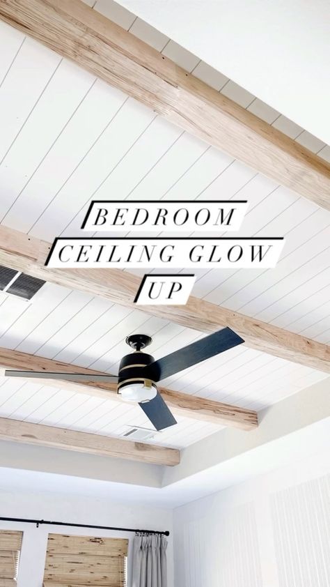 Ceiling Fans On Wood Beams, Beam And Shiplap Ceiling, Ceiling Farmhouse Ideas, Basement Shiplap Ceiling, Faux Wood Beams Drop Ceiling, White Planked Ceiling With Beams, Hardwood On Ceiling, Shiplap Ceiling With Faux Beams, Wood Shiplap Ceiling Bathroom