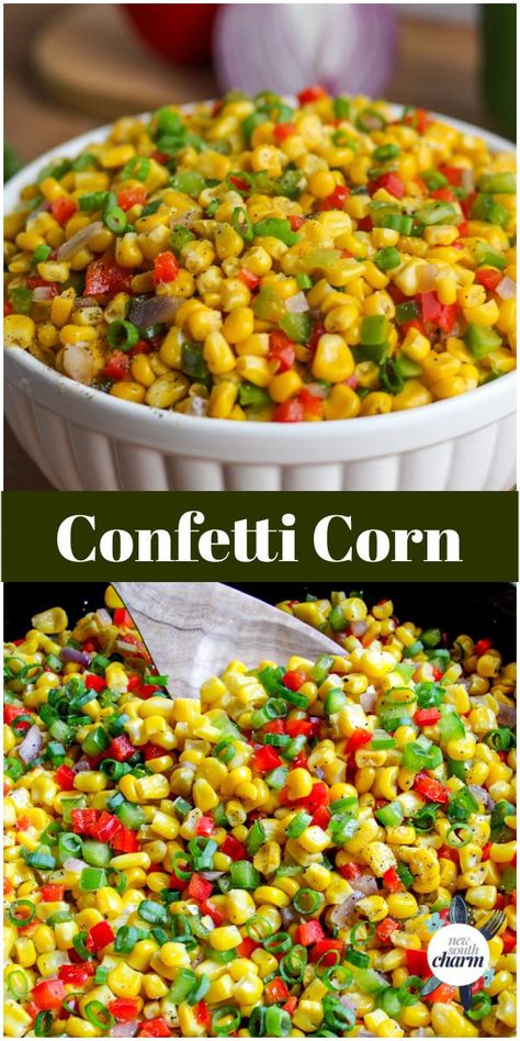 1 reviews · 30 minutes · Vegetarian Gluten free · Serves 8 · Confetti Corn combines corn, bell peppers, onion, butter and garlic into a delicous side dish that is perfect for your next taco night or cookout. Corn Pepper Salad, Confetti Corn, Corn With Bacon, Onion Butter, Corn Recipes Side Dishes, Corn Side Dish, Sides Dishes, Mexican Side Dishes, Picnic Recipes