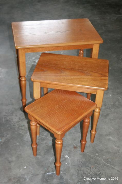 This beautiful trio of nesting tables was refurbished by Lee Ann from Creative Moments in Aurora and Dark Roast! Nesting tables…perfect pieces to save space but… Painted Nesting Tables, Tin Wainscoting, Restoration Hardware Table, Faux Fireplace Mantels, Build A Farmhouse Table, Country Chic Paint, Painted Coffee Tables, Farmhouse Style Table, Nesting Table