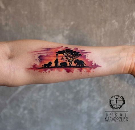 Animals of Africa silhouette watercolor piece on girl's forearm. Tattoo by Koray Karagozler, an artist based in Antalya, Turkey. Feather Tattoos, Elephant Tattoos, Africa Tattoos, African Tattoo, Landscape Tattoo, Disney Tattoo, Tatuaje A Color, Elephant Tattoo, Best Tattoo Designs