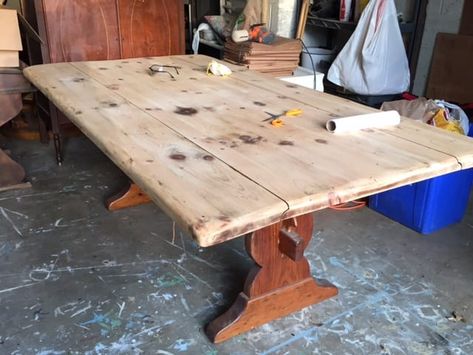 How to Stain a Pine Table Top: Farmhouse Table Progress - General Finishes Water Based Stain, Painted Farmhouse Table, Pine Dining Room, Refinished Table, Dining Room Table Makeover, Rustic Kitchen Tables, Distressed Table, Dining Table Makeover, Kitchen Table Makeover