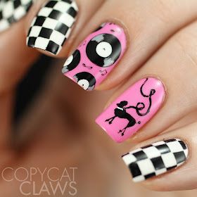 Pink Lady Grease Nails, 50s Style Nails, 50s Inspired Nails, 1950 Nails Design, 50s Nails Vintage, 1950s Nails Ideas, 50s Nails Design, Grease Nails, 50s Nails