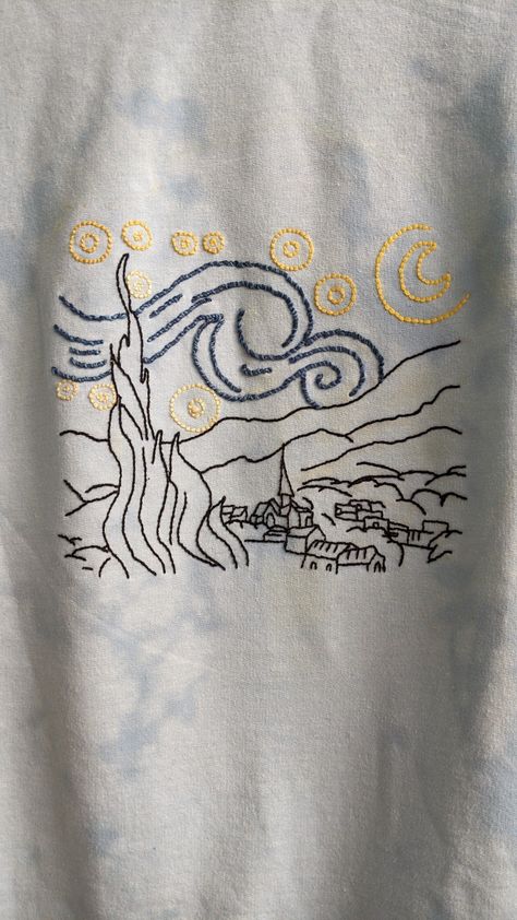 Van Gogh, Starry night, sticken, embroidery, Stembroidery, Backstitch, french knot, chain stitch Vincent Van Gogh Embroidery, Embroidery Patterns Hoodie, Embroidery Hoodie Diy, Embroidered Hoodie Diy, Hoodie Embroidery Ideas, Van Gogh Hoodie, Diy Embroidery Shirt, Phone Case Diy Paint, Jacket Embroidery