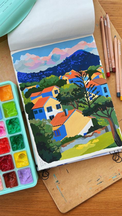 Gouche Illustration Painting, Gouache Pop Art, Begginer Gouache Painting, Miya Himi Gouache Painting, Gouache Building Painting, Himi Gouache Art Simple, Gouache Art Ideas, Gouache Sketchbook Ideas, Gouache Cityscape