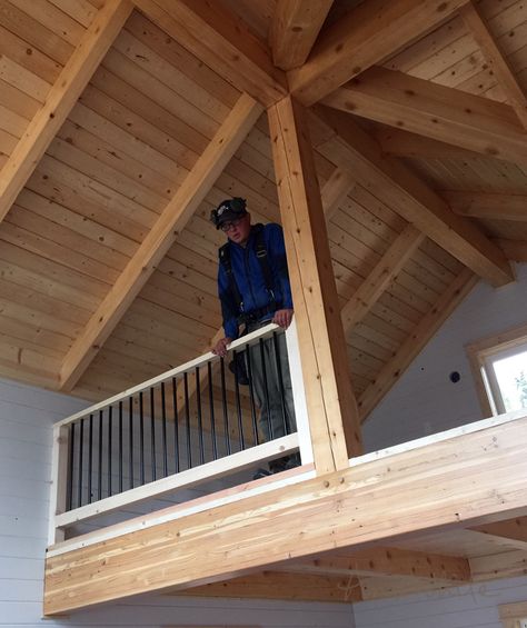 Tiny Cabin Loft Stairs, Loft Railing Ideas, Loft Railings, Loft Railing, Cabin Build, Build Your Own Home, Open Concept Great Room, Interior Railings, Cabin Loft