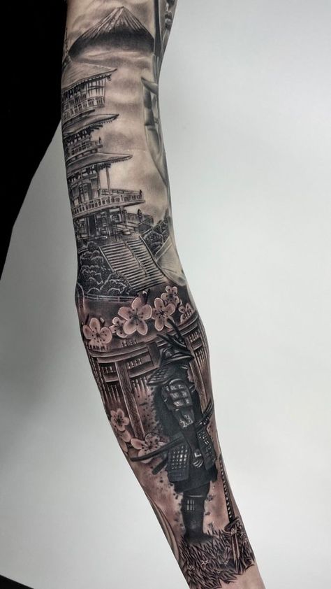 japanese tattoo designs Japanese Inspired Sleeve Tattoos, Japanese Samurai Leg Tattoo, Temple Sleeve Tattoo, Sleeve Addition Tattoo, Japan Leg Sleeve Tattoo, Japanese Theme Sleeve Tattoo, Samurai Leg Sleeve Tattoo, Samurai And Temple Tattoo, Japanese Sleeve Ideas