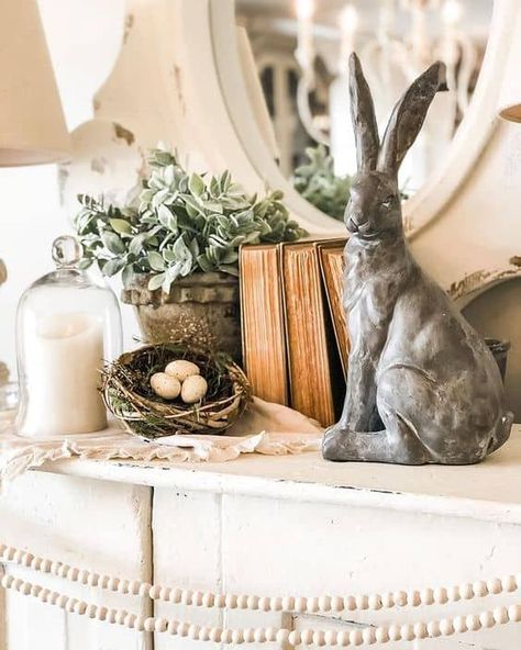 30 Neutral Easter Decor Ideas » Lady Decluttered Vintage Spring Aesthetic, Neutral Easter Decor, Vintage Spring Decor, Neutral Easter, Easter Mantle, Easter Decor Ideas, Farmhouse Easter Decor, Spring Decoration, Easter Inspiration