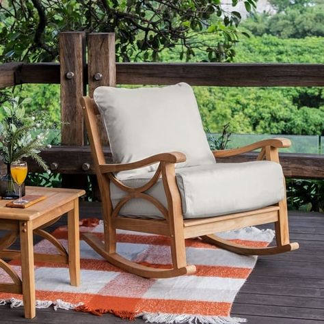 Cambridge Casual Lowell Teak Patio Rocking Chair - On Sale - Bed Bath & Beyond - 28080462 Teak Rocking Chair, Outdoor Rocking Chair, Wood Rocking Chair, Rocking Chair Set, Solid Wood Chairs, Natural Teak Wood, Patio Rocking Chairs, Rocker Chairs, Beige Cushions