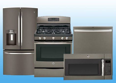 Appliance Colors - Is Slate the New Stainless? Appliance Colors, Slate Appliances Kitchen, Ge Slate Appliances, Slate Appliances, Stainless Steel Kitchen Appliances, Brass Kitchen Faucet, Kitchen Appliance Packages, Appliances Kitchen, Appliance Packages