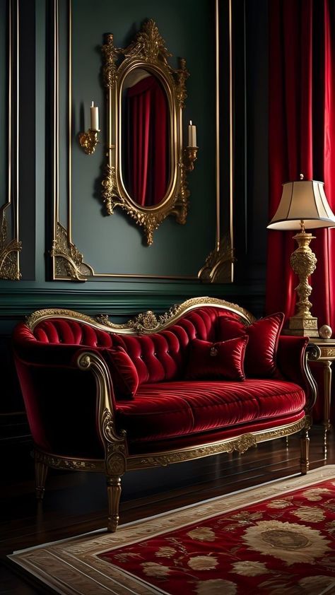 Teal And Red Living Room, Red Velvet Bedroom, Victorian Couches, Baroque Room, Classical Sofa, Victorian Couch, Red Velvet Sofa, Tasty Peach, Victorian Sofa