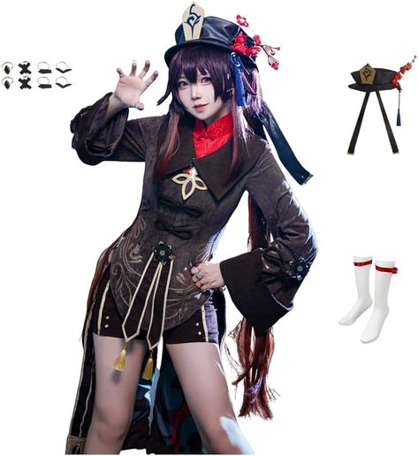 Fovyi Hu Tao Cosplay Costume: Genshin Impact inspired full set for women. Quality polyester and uniform cloth, comfortable and skin-friendly. Includes coat, collar, pants, hat, tassel bow-tie, rings, leg loops, socks, and chest accessories. Perfect for daily wear, cosplay, festivals, parties, and more. Ideal gift for friends. 🏵️🎭🎉 Chest Accessories, Hu Tao Cosplay, Halloween Costume For Women, Coat Collar, Costume For Women, Outfit For Women, Hu Tao, Festival Costumes, Mens Halloween Costumes