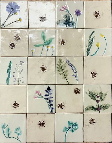 Hand Painted Tile, Flower Tile, Flower Meadow, Clay Color, Handmade Ceramic Tiles, Floral Tiles, Natural Clay, Hand Painted Tiles, Bathroom Inspiration Decor