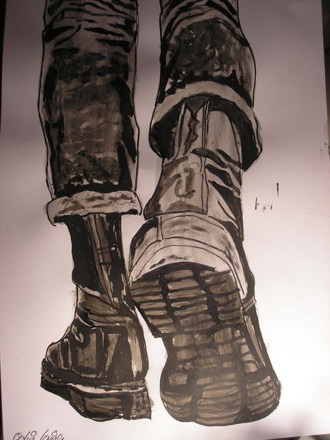 Boots Drawing Reference Character Design, Walking Boots Drawing, Shoes Walking Drawing, Cool Boots Drawing, Boots Perspective Drawing, Shoes Walking Reference, Black Boots Drawing, Boots Art Drawing, Army Boots Drawing