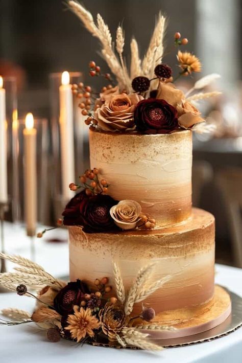 24 Seasonal Beauty: Perfect Fall Wedding Cakes Fall Cake Designs Wedding Ideas, Fall Country Wedding Cakes, Fall Inspired Wedding Cakes, Fall Wedding Cake Table Ideas, Wedding Cake Sparklers, Pumpkin Spice Wedding Cake, Fall Wedding Cake Ideas 2 Tier, Chocolate And Vanilla Wedding Cake, Wedding Cakes Red Velvet