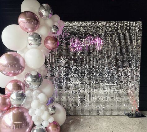 Party Idea Decorations, Night At The Disco Prom, Let’s Party Backdrop, Disco Bachelorette Backdrop, Pink And Silver 21st Birthday Party, 20th Birthday Backdrop Ideas, 18th Party Decor, First Disco Birthday Party, 18th Birthday Backdrop Ideas