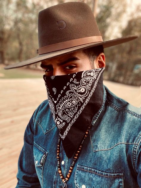 Styled by me: @TheOrlyChoice Modern Western Fashion Bandana Americana Outfit Denim Cowboy Mexican Bandana Outfit, Cowboy Bandana Outfit, Denim Cowboy Hat, Cowboy With Bandana, Bandanna Outfits, Explorer Archetype, Outfit Bandana, Modern Western Fashion, Denim Bandana