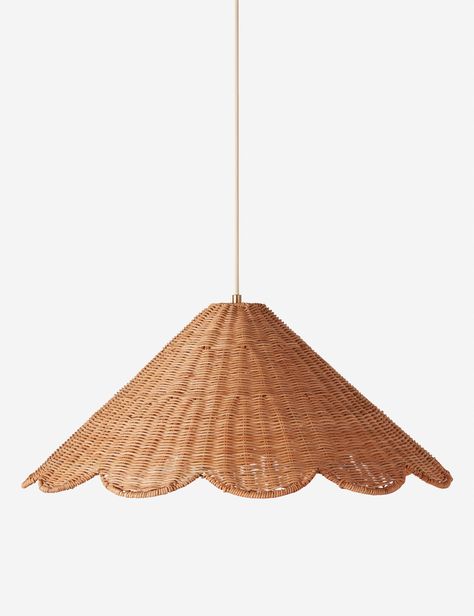 The Marzo pendant light brings natural-texture impact overhead. The scalloped shade is woven from sustainably harvested rattan, complete with an antique brass chain and canopy for a chic look and polished finish. This tapered pendant styles great as a standalone light or in multiples for a kitchen or large living space. English Cottage Pendant Light, Rattan Lamps, Marsh House, Woven Pendant Light, Kitchen Hanging Lamps, Rattan Pendant Lights, Disc Interiors, Holiday Living Room, Rattan Light Fixture