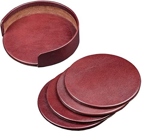 Amazon.com: Dacasso Mocha Leather 4-Round Coaster Set: Home & Kitchen Office Conference Room, Leather Coaster Set, Leather Coaster, Leather Coasters, Desk Office, Leather Work, Top Grain Leather, Leather Working, Coaster Set