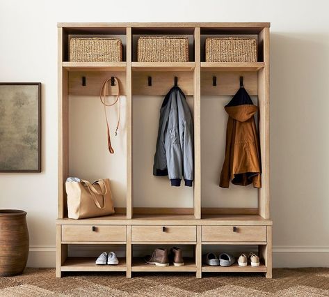 Modern Farmhouse Entryway Set | Pottery Barn Hooks Over Bench Entry Ways, Modern Farmhouse Small Entryway, Garage Entryway Ideas Hallways, Entry Storage Ideas, Wall Coat Rack Ideas Entryway, Foyer Shoe Rack, Entryway Lockers, Pottery Barn Entryway, Hall Tree Entryway