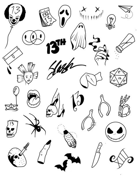 10 full page printable flash sheets for Friday 13 & Halloween, hope you enjoy! Tattoo Flash Art Sheet, Friday The 13th Flash Sheet, Simple Flash Sheet, Beetlejuice Flash Tattoo, Horror Flash Tattoo, Horror Tattoo Stencil, 90s Flash Tattoo, Halloween Flash Sheet, Art Block Ideas