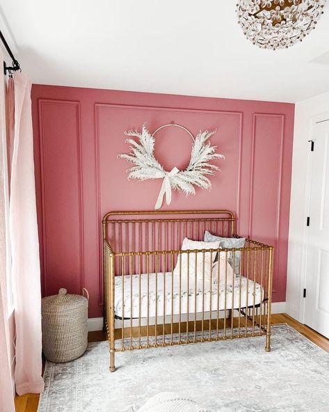 pink baby girl room ideas Small Nursery Feature Wall, Chandelier In Nursery, Bright Pink Nursery Ideas, Nursery With Molding, Blush Pink And Gold Nursery, Deep Pink Nursery, Baby Accent Wall Nursery Ideas, Vintage Gold Nursery, Gold Accent Nursery