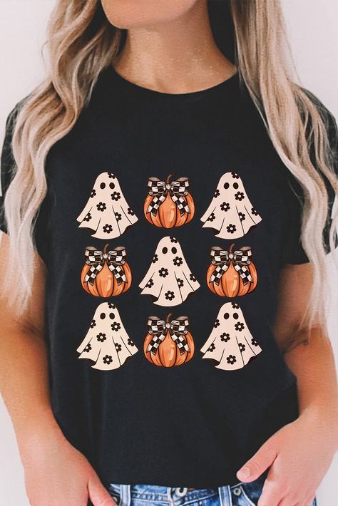 $5.95 Black Halloween Ghost Pumpkin Print Crew Neck T Shirt Wholesale Vest Crop Top, Halloween Top, Ghost Pumpkin, Black Halloween, Pumpkin Print, Short Sleeve Pattern, Pumpkin Faces, Pumpkin Pattern, Crew Neck Shirt