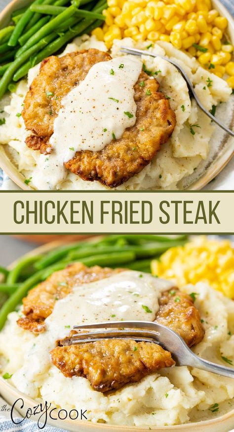 chicken fried steak topped with white gravy and served with mashed potatoes, corn, and green beans Southern Family Dinner Ideas, Southern Dinner Recipes For Family, Comfort Dinner Ideas, Quick Dinner Ideas Comfort Foods, Southern Dinner Recipes, Steak Dinner Ideas, Chicken Fried Steak Recipe, Fried Steak Recipes, White Gravy