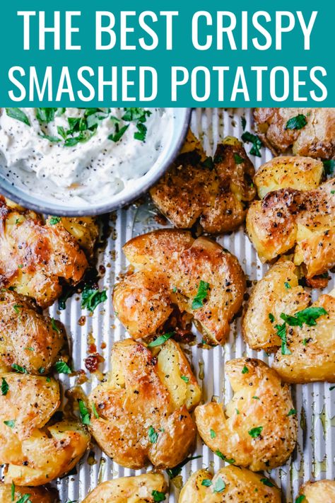 Smashed Potatoes Make Ahead, Crispy Herb Smashed Potato Salad, Easy Appetizers Potato, Outside Appetizers, Air Fryer Smashed Potatoes Recipe, Oven Roasted Smashed Potatoes, Ways To Prepare Potatoes, Smashed Potatoes With Parmesan Cheese, Garlic Smashed Baby Potatoes