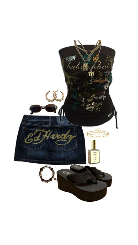 Ed hardy, ed hardy skirt, 00s, 2000s, mini skirt, tube top, brown, brown tube top, flip flops, platform, platform flip flops, gold, gold jewellery, sunglasses Ed Hardy Outfit, 2000s Ed Hardy, Brown Tube Top, 2000s Mini Skirt, Flip Flops Platform, Tube Top Outfits, Mcbling Fashion, Trashy Outfits, 2000s Outfit