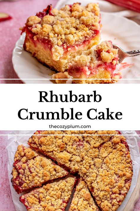 Rhubarb cake is the perfect combination of sweet and tart and soft and slightly crunchy cake. This quick rhubarb crumb cake has a moist batter with sour cream that gets topped with stewed, tangy rhubarb, and a layer of sweet and salty streusel topping. It is a great expression of contrasts that will keep you coming back for more, and is the perfect spring cake.  Rhubarb is a gorgeous pink and red and its flavor is equally as bright to be used in your spring baking. Rhubarb Streusel Cake, Quick Rhubarb Cake, Rhubarb Crumb Cake, Rhubarb Sour Cream Cake, Layered Rhubarb Dessert, Crunchy Cake, Rhubarb Crumble Cake, Crumble Recipes, Crumble Cake Recipe