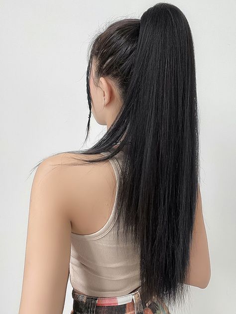 Black  Collar  Synthetic Fiber  Ponytail Embellished   Wigs & Accs Long Straight Black Hair, Curling Straight Hair, Long Ponytail Hairstyles, High Ponytail Hairstyles, Long Hair Ponytail, Black Ponytail Hairstyles, Straight Ponytail, Clip In Ponytail, Ponytail Hair Extensions