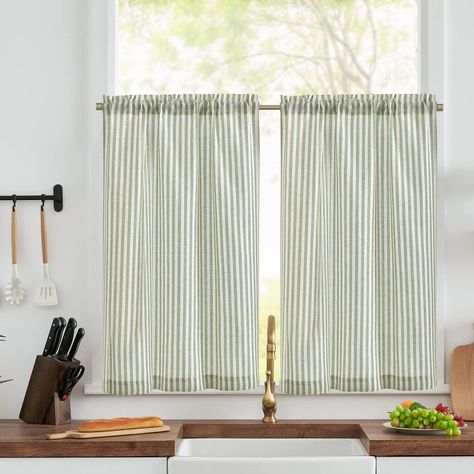 TOPICK Green Striped Small Curtains 36 Inch Drop Linen Kitchen Curtains Translucent Short Cafe Curtains Flax Light Filtering for Country Half Window Basement Sink Laundry Room Bathroom 2 Panels : Amazon.co.uk: Home & Kitchen Half Window Curtains, Rustic Curtain Rods, Cafe Curtain Rods, Small Curtains, Bathroom Farmhouse, Small Window Curtains, Kitchen Curtain Sets, Tier Curtains, Farmhouse Curtains