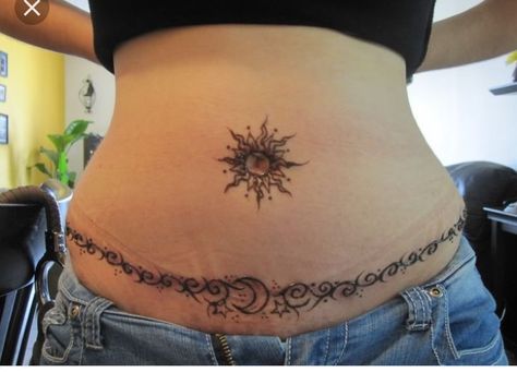 Belly Tattoo Ideas, Scar Cover Tattoo, Belly Button Tattoos, Lower Belly Tattoos, Tatuaje Cover Up, Belly Button Tattoo, Small Belly, Belly Henna, Tummy Tattoo