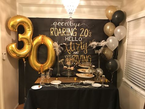 30th birthday party: goodbye Roaring 20’s! Hello 30, Flirty, and Thriving! Gatsby / 1920’s birthday Roaring 30s Party, Goodbye Twenties 30th Birthday, Goodbye Roaring 20s 30th Birthday, 30tg Birthday, Thirty Flirty And Thriving Party, 30th Birthday Party Themes, 30th Birthday Balloons, Hello Thirty, 21 Bday