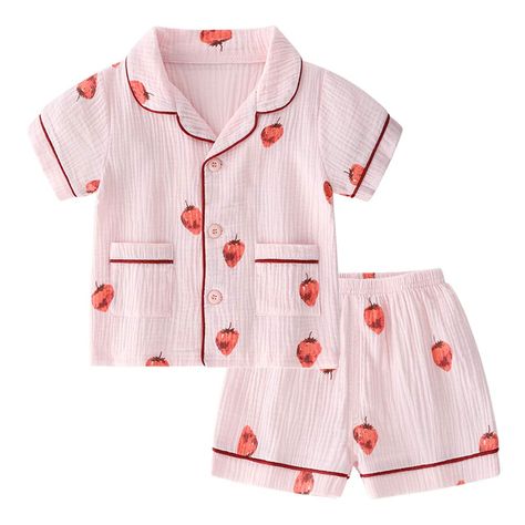 Strawberry Clothing, Pajamas Summer, Summer Pjs, Button Up Pajamas, Cotton Loungewear, Girls Pjs, Toddler Pajamas, Summer Pajamas, Baby Pajamas