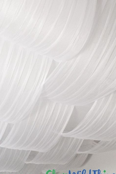 Fabric Ceiling Drape "Clouds", 10' W x 20'L Pleated Tulle Canopy with 42 Loops (or Secure Points), Completely Hides Ceiling While Providing Elegant Feathery SwagsEverything you see here is ONE piece! Clouds Ceiling, Decorative Ceiling Panels, Tulle Canopy, Ceiling Drapes, Fabric Ceiling, Ceiling Draping, Pleated Tulle, Soundproof Room, Blue And White Fabric