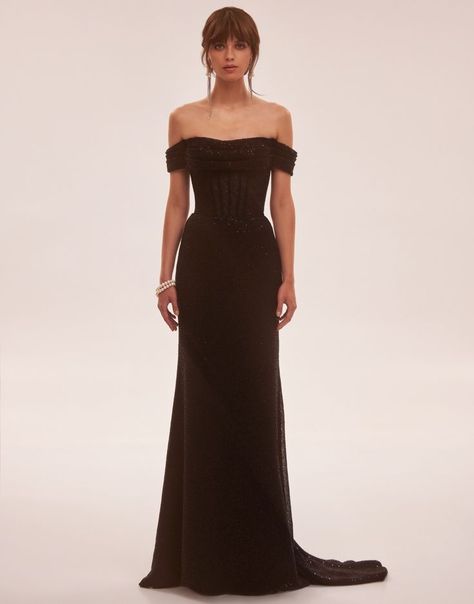 Milla Nova | This elegant mermaid evening gown crafted in sequin featuring a semi-sheer corset bodice with draped bust and long sleeves. Night Dress Long Elegant, Black Long Sleeve Evening Gown, Milla Dresses, Black Corset Dress, Milla Nova, Black Evening Gown, Mermaid Evening Gown, Evening Gowns Elegant, Prom Dress Inspiration