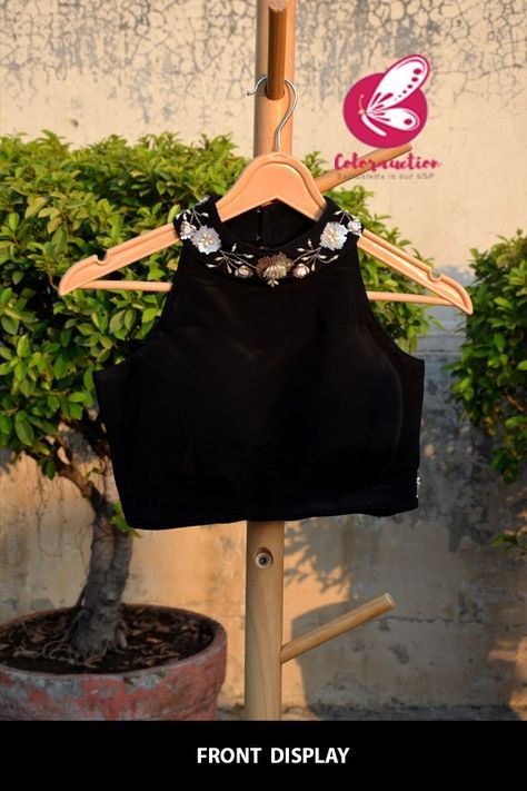 Buy Black Crepe Sequins Handwork Padded Blouse Online in India | Colorauction Black Crepe Saree, Black Halter Neck Blouse, Black Net Blouse Designs Latest, Black Blouse Designs For Lehenga, Black Blouse Designs Latest, Black Designer Blouse, Black Blouse Design, Halter Neck Blouse Design, Exclusive Blouse Designs