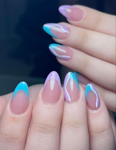 Blue Purple White Nails, Cute Blue And Purple Nails, Almond Purple Nails Designs, Acrylic Nails Purple And Blue, Pastel Purple And Blue Nails, Light Purple And Blue Nails, Baby Blue And Purple Nails, Purple And Blue Acrylic Nails, Light Blue And Purple Nails