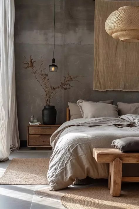 Bedroom Concrete Floor Ideas, Bedroom Concrete Floor, Black Lime Wash Bedroom, Concrete Floor Bedroom, Concrete Floors Bedroom, Organic Bedroom, Japandi Bedroom, Fresh Living Room, Modern Rustic Decor