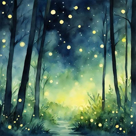 Step into a world of enchantment under the starlit canopy of our forest at night. ✨🌲 Let the flickering glow of fireflies guide you through the darkness, illuminating the path to wonder and magic. Experience the beauty of the night forest in our captivating scenery collection. https://prismplay.etsy.com #wallart #natureinspired #printables #watercolor Magical Forest Watercolor, Forest Night Painting, Into The Forest Of Fireflies Light, Watercolor Art Forest, Dark Night Painting, Firefly Paintings, Watercolor Fireflies, Firefly Watercolor, Magical Forest Illustration