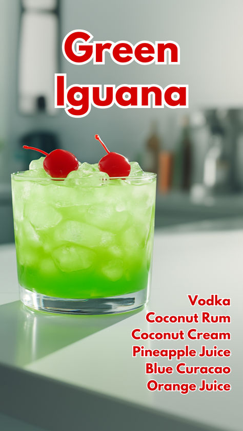 Green Iguana Coconut Liquor Recipes, Coconut Vodka Drinks, Green Alcoholic Drinks, Mixed Drinks Alcohol Recipes, Coconut Cocktails, Green Cocktails, Coconut Rum Drinks, Cocktail Cards, Coconut Vodka