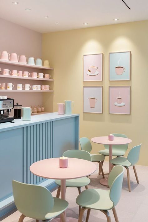 Chairs For Cafe Coffee Shop, Round Pink Table, Pastel Coffee Aesthetic, Pastel Office Interior, Pastel Yellow Interior, Candy Shop Aesthetic Pastel, Colorful Bakery Interior, Cute Store Aesthetic, Coffee Shop Ideas Design Cafe Interiors