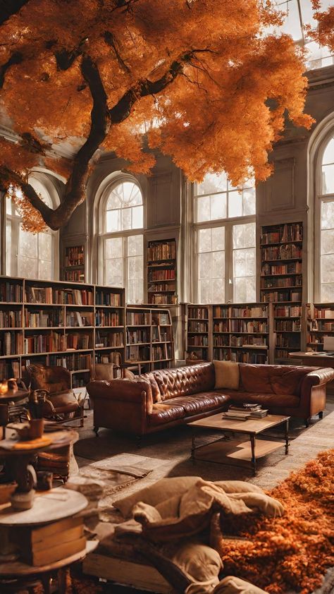 Autumn | Fall | Wallpaper | Vibes | Leaves | Forest | Library | Fantasy | Books | Cozy | Orange Library Aesthetic, Old Book Store Aesthetic, Fantasy Library Aesthetic, Orange Library, Autumn Fae, Autumn Fall Wallpaper, Autumn Library, Forest Library, Hs Classroom